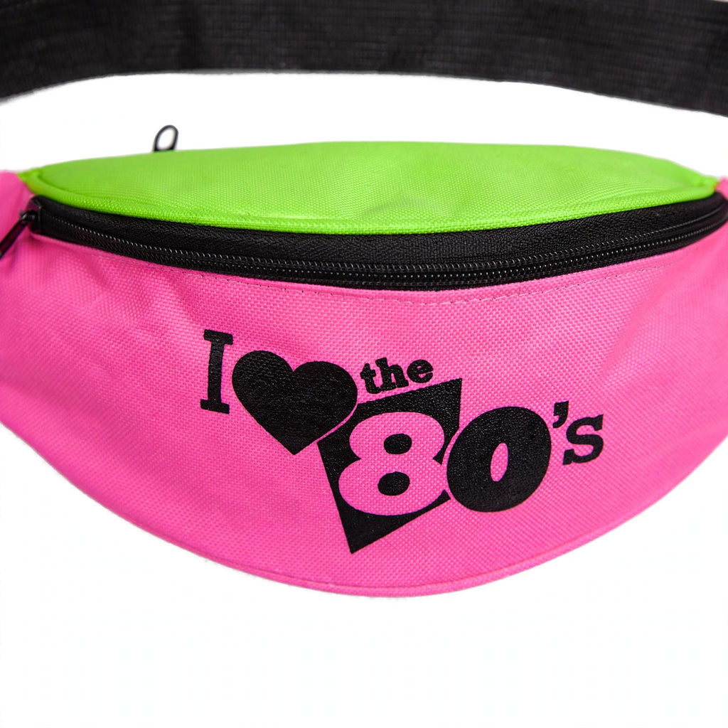 Close-up view of the Wicked Costumes 1980s Retro Neon Bum Bag showing zip compartments and neon colours