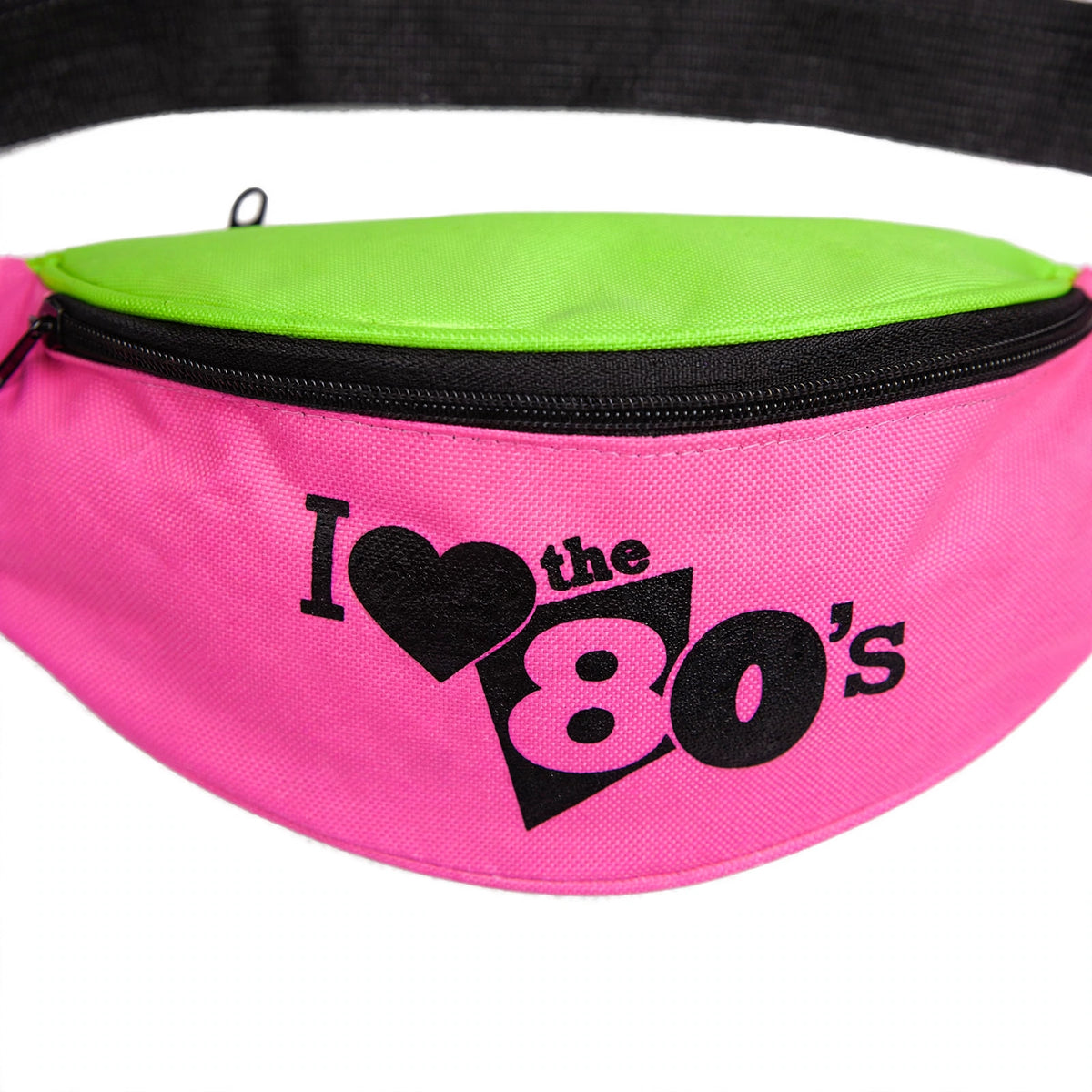 Close-up view of the Wicked Costumes 1980s Retro Neon Bum Bag showing zip compartments and neon colours