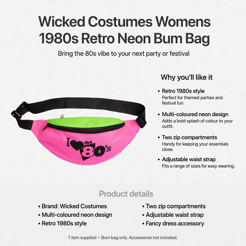Information about the bum bag's two zip compartments and adjustable waist strap for practical use