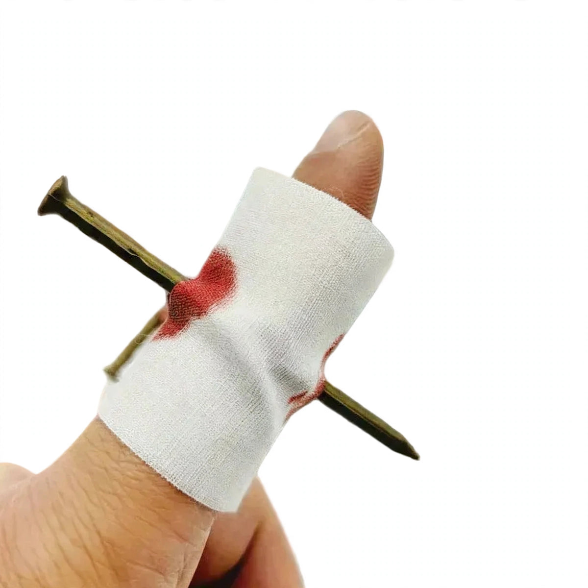 Close-up view of Nail Through Finger Joke showing nail passing through finger
