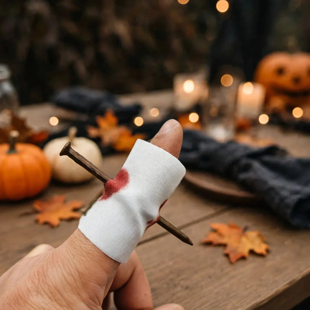 Person wearing Nail Through Finger Joke prop to create a visual gag at a party or Halloween