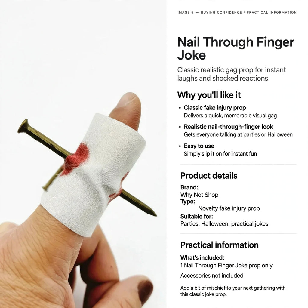 Nail Through Finger Joke prop suitable for parties, Halloween, and practical jokes