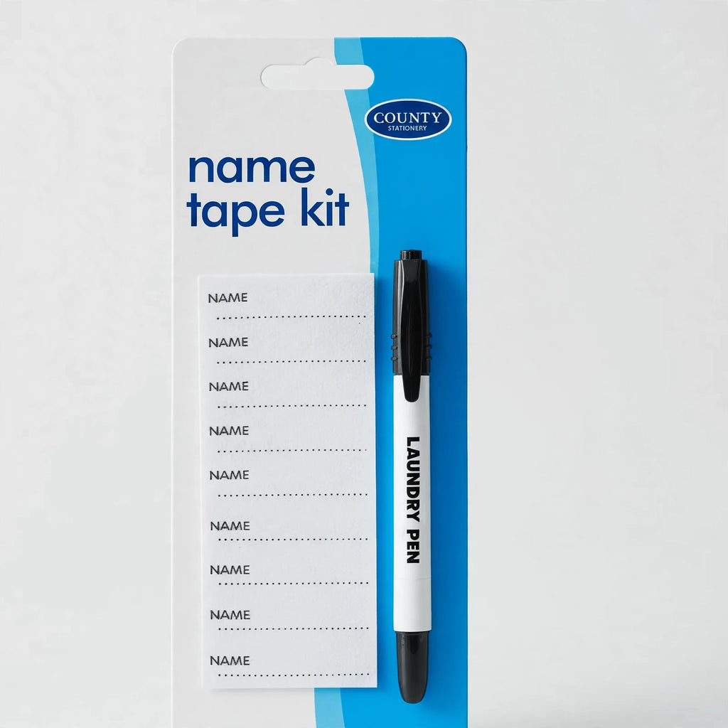 Close-up of name tape labels and permanent marking pen from County Stationery kit