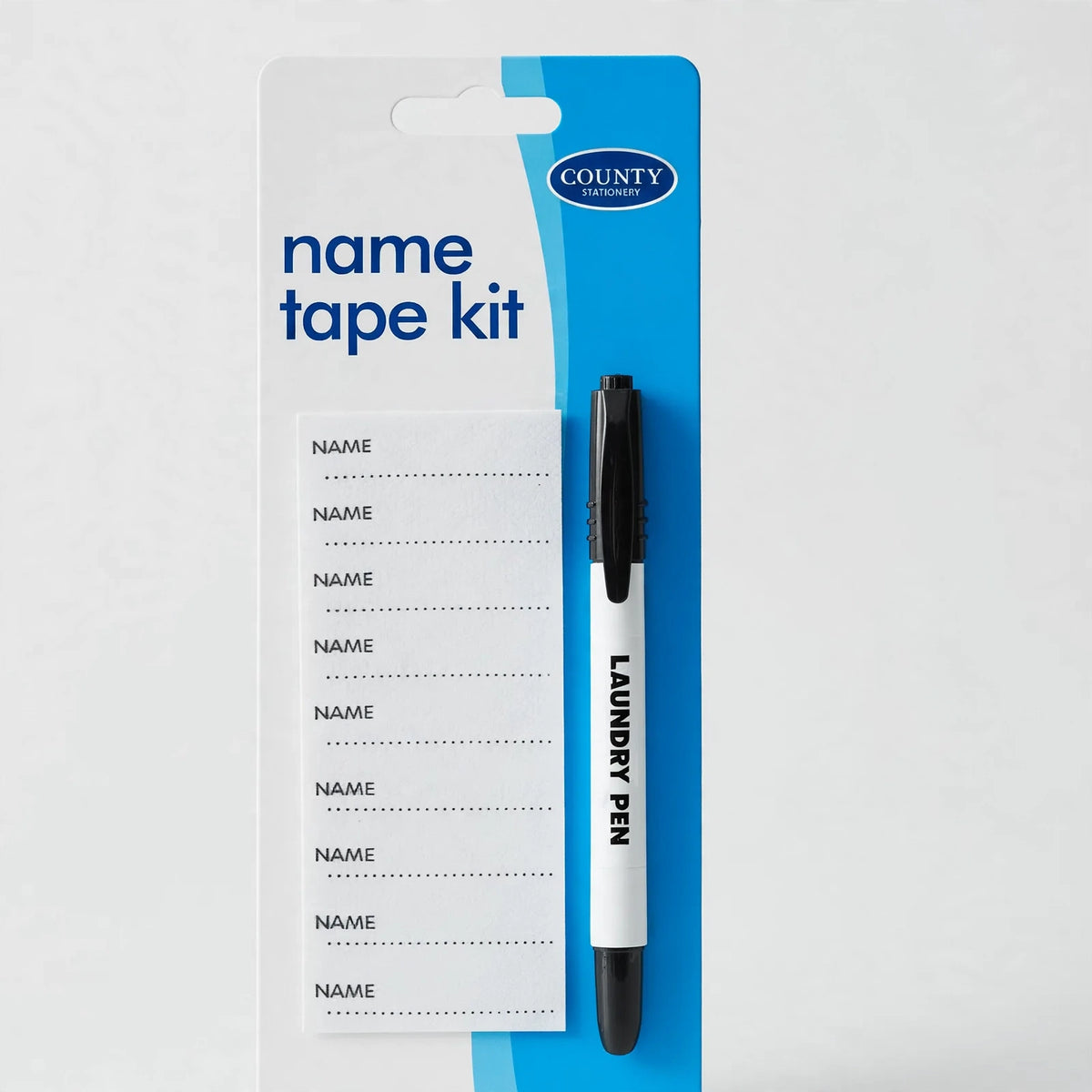 Close-up of name tape labels and permanent marking pen from County Stationery kit