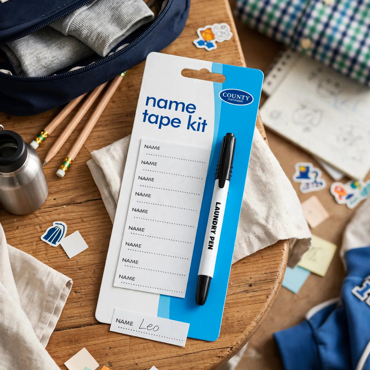Name Tape Kit And Pen used for labelling school uniforms, PE kits, lunchboxes, and bags