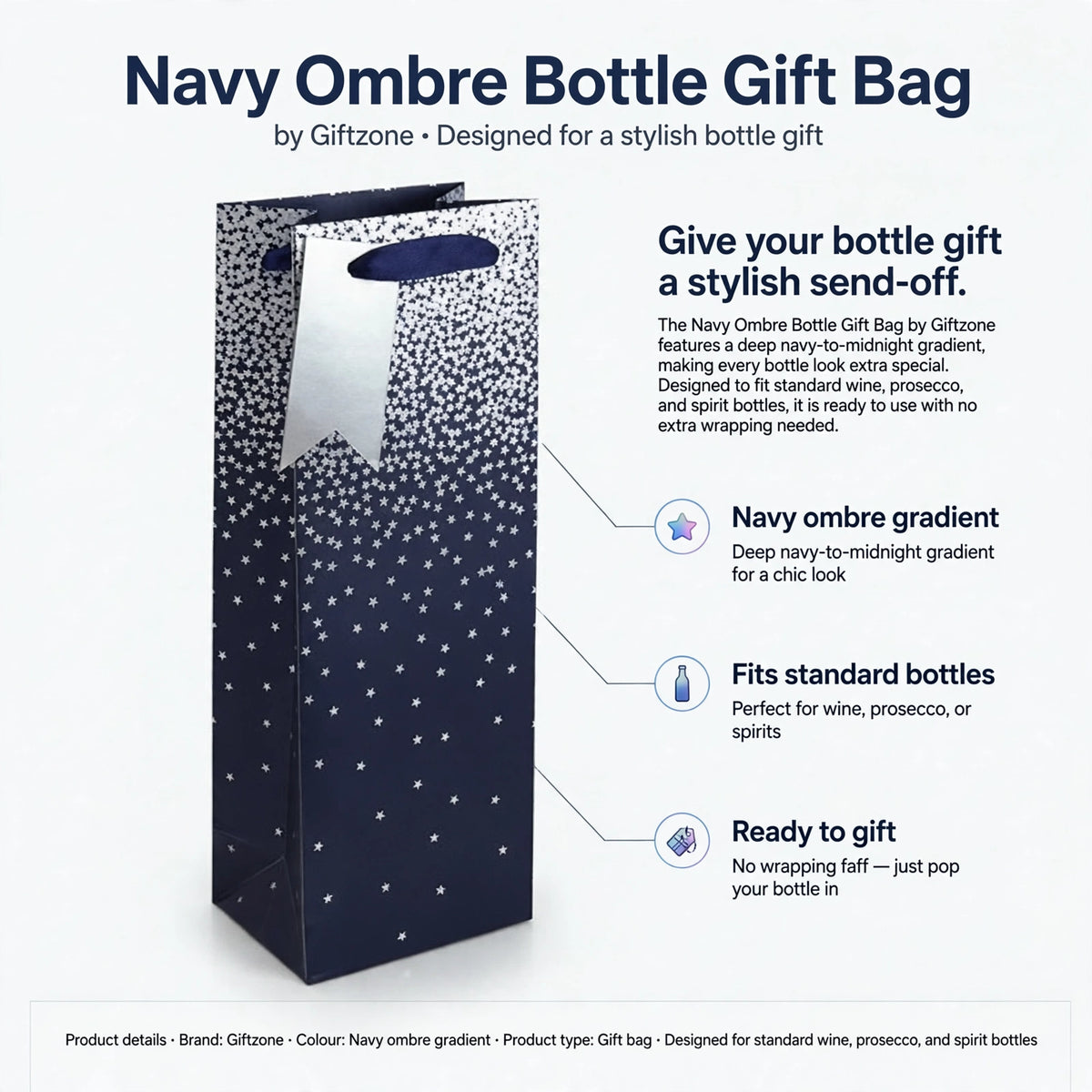 Gift bag features navy ombre design and fits standard wine, prosecco, and spirit bottles