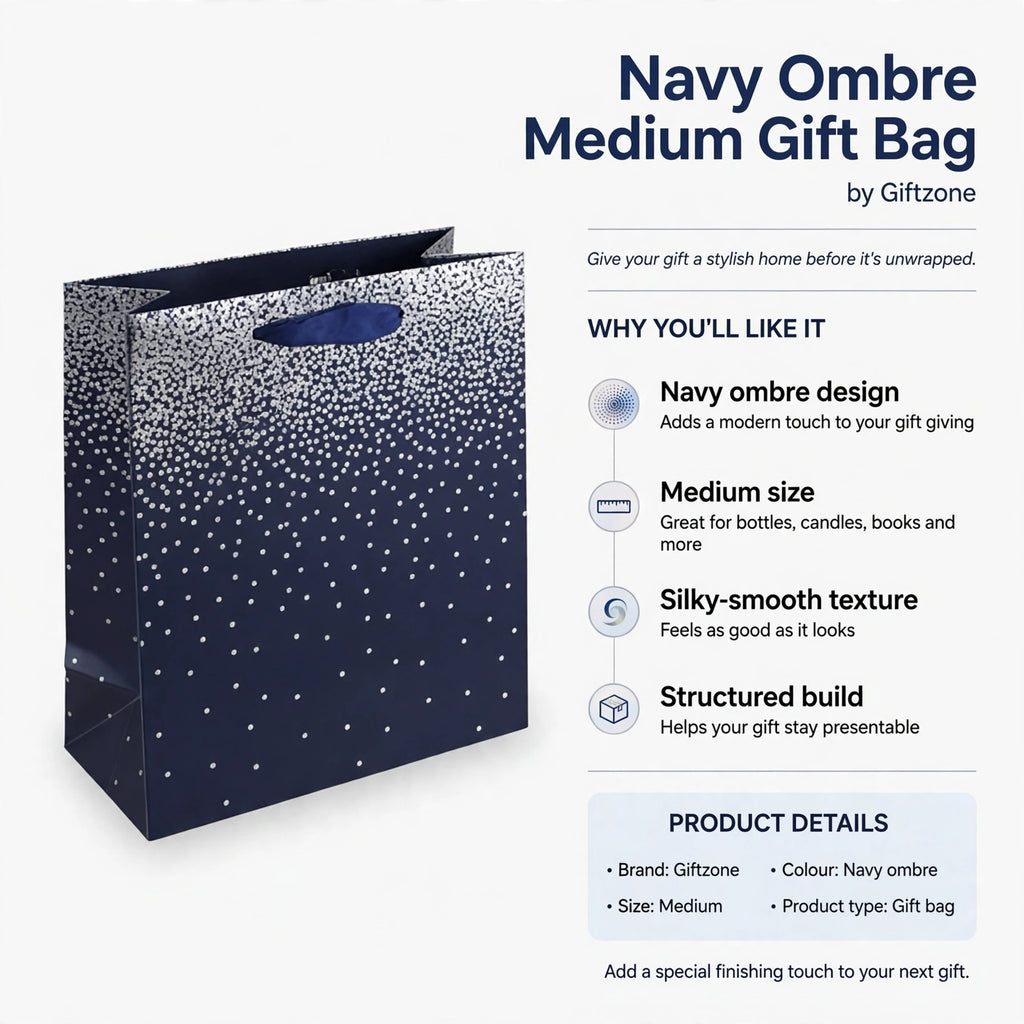 Gift bag features navy ombre design, medium size, silky-smooth texture, and structured build