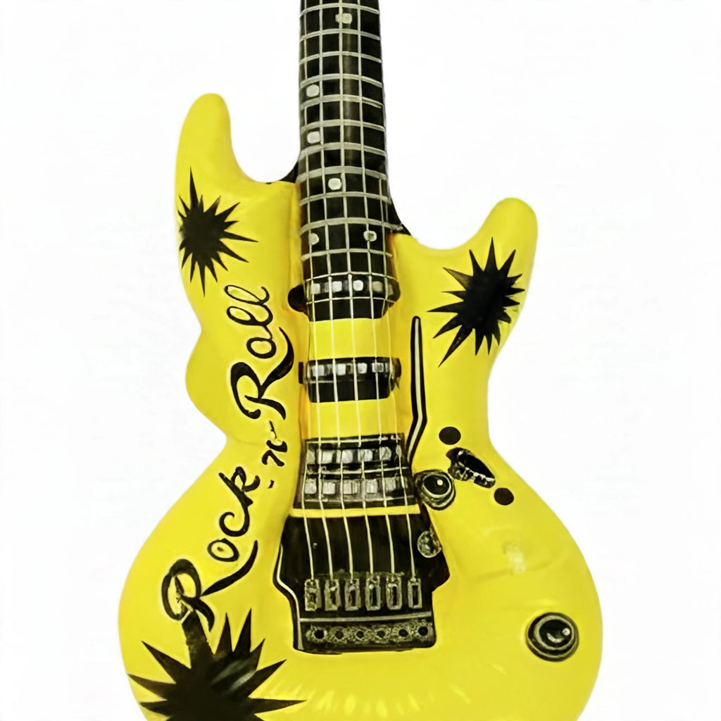 Close-up view of neon inflatable guitar made from inflatable PVC in assorted colours