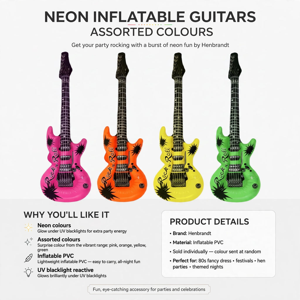 Infographic showing neon colours, inflatable PVC material, UV blacklight reactive, and assorted colours