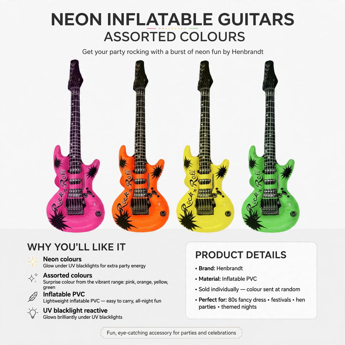 Infographic showing neon colours, inflatable PVC material, UV blacklight reactive, and assorted colours