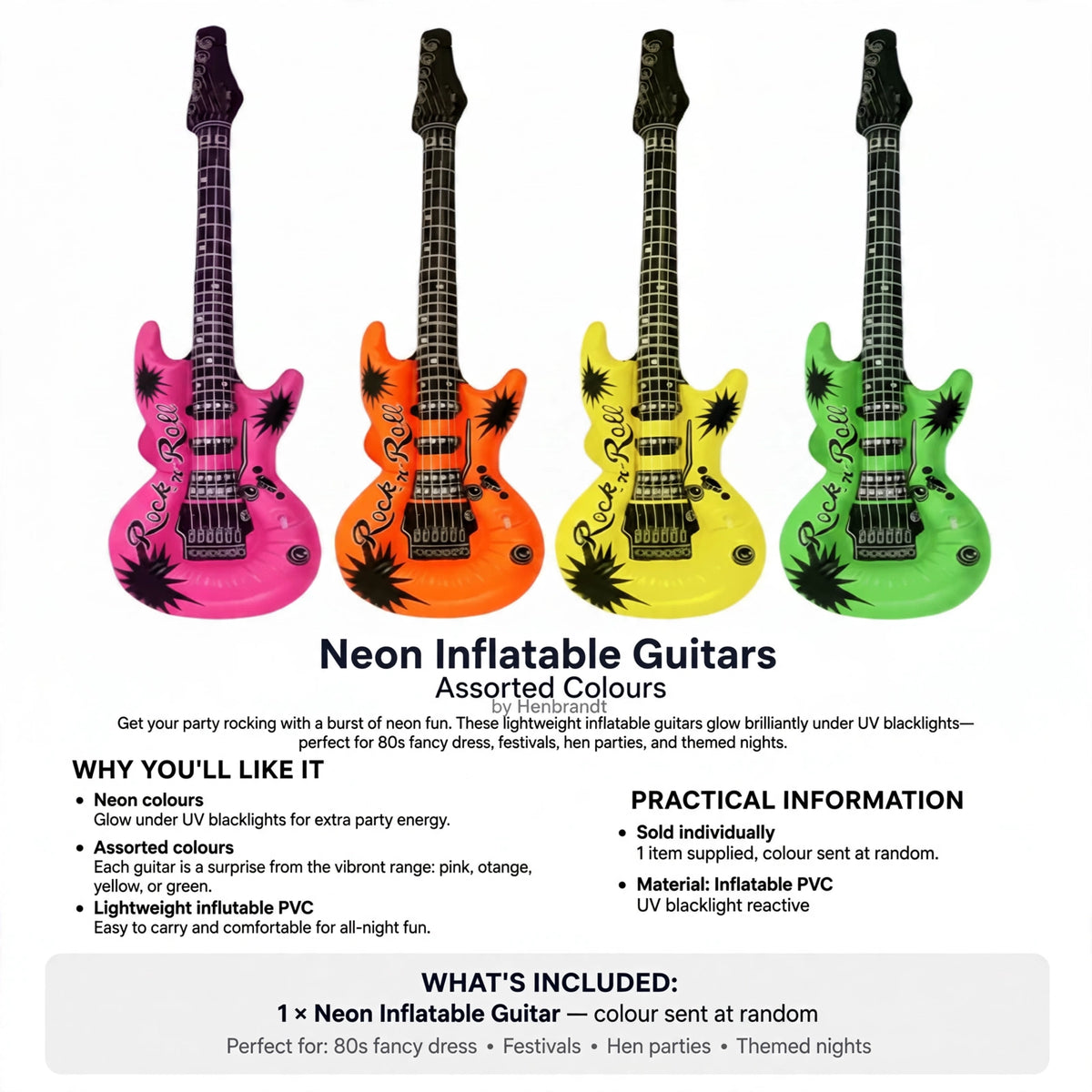 Neon inflatable guitar sold individually with colour sent at random