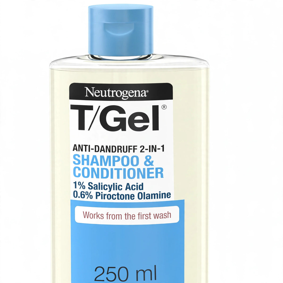 Close-up of Neutrogena T/Gel 2-in-1 Anti-Dandruff Shampoo and Conditioner 250ml bottle