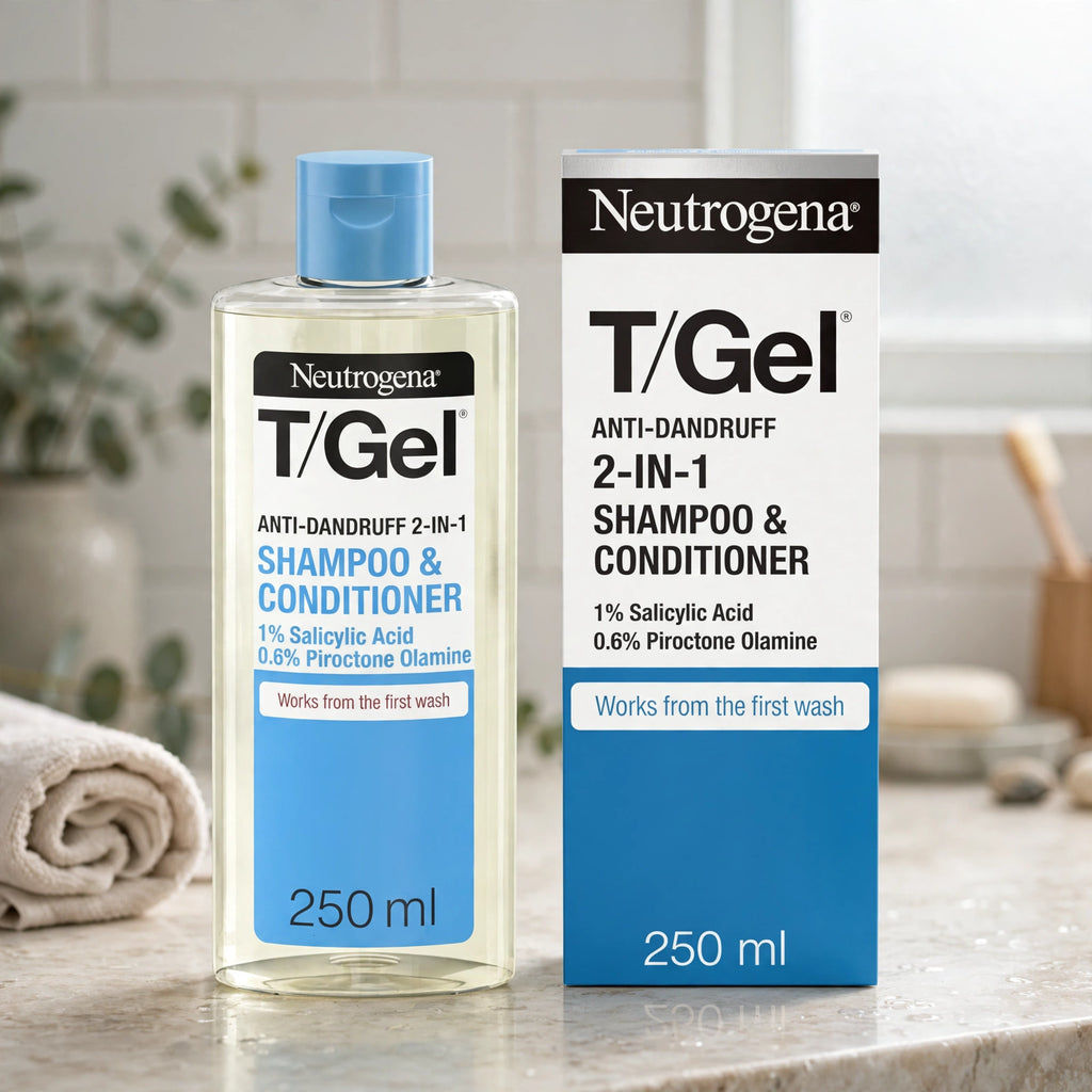 Neutrogena T/Gel 2-in-1 Anti-Dandruff Shampoo and Conditioner 250ml bottle on bathroom shelf