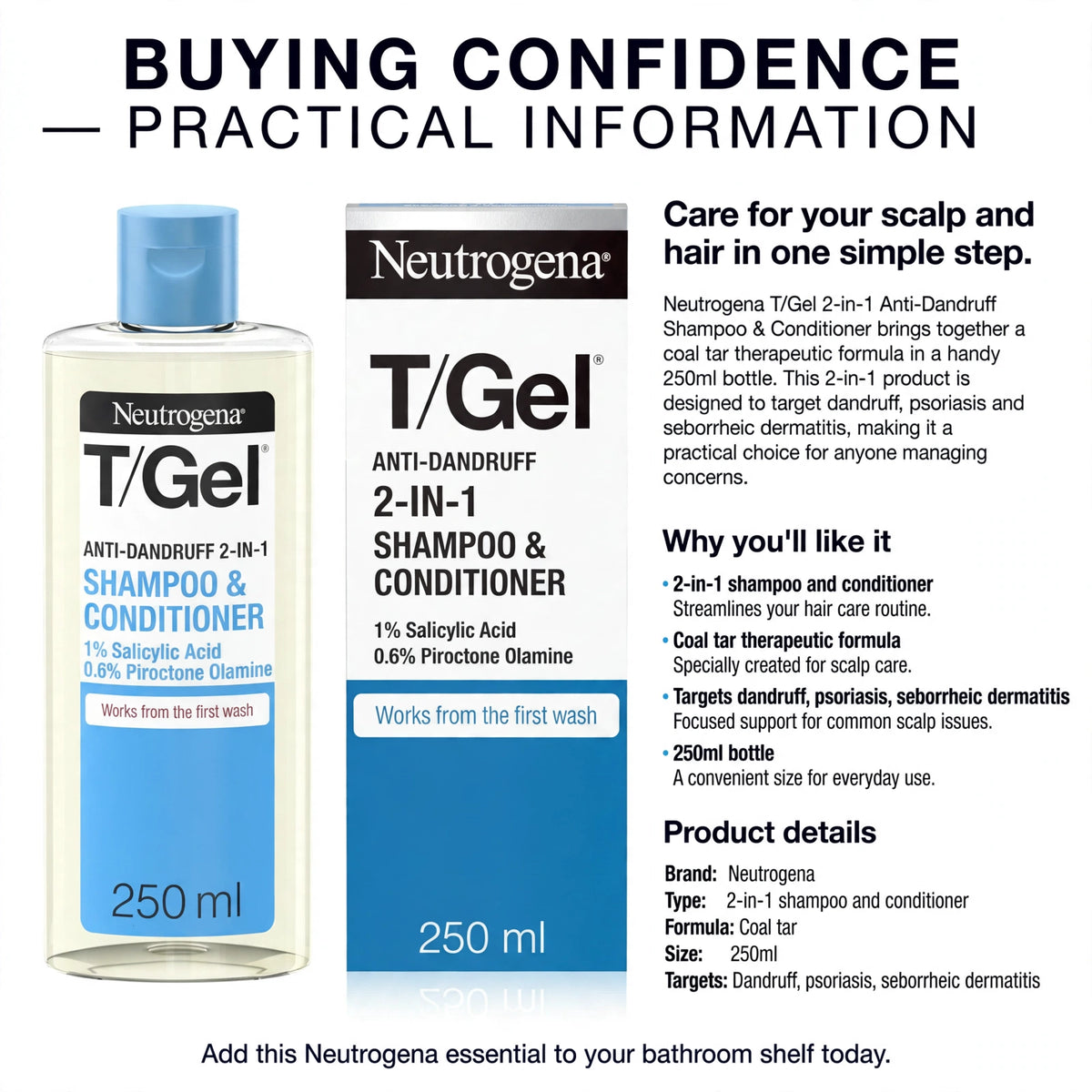 Information about Neutrogena T/Gel 2-in-1 shampoo and conditioner for scalp care and common scalp issues