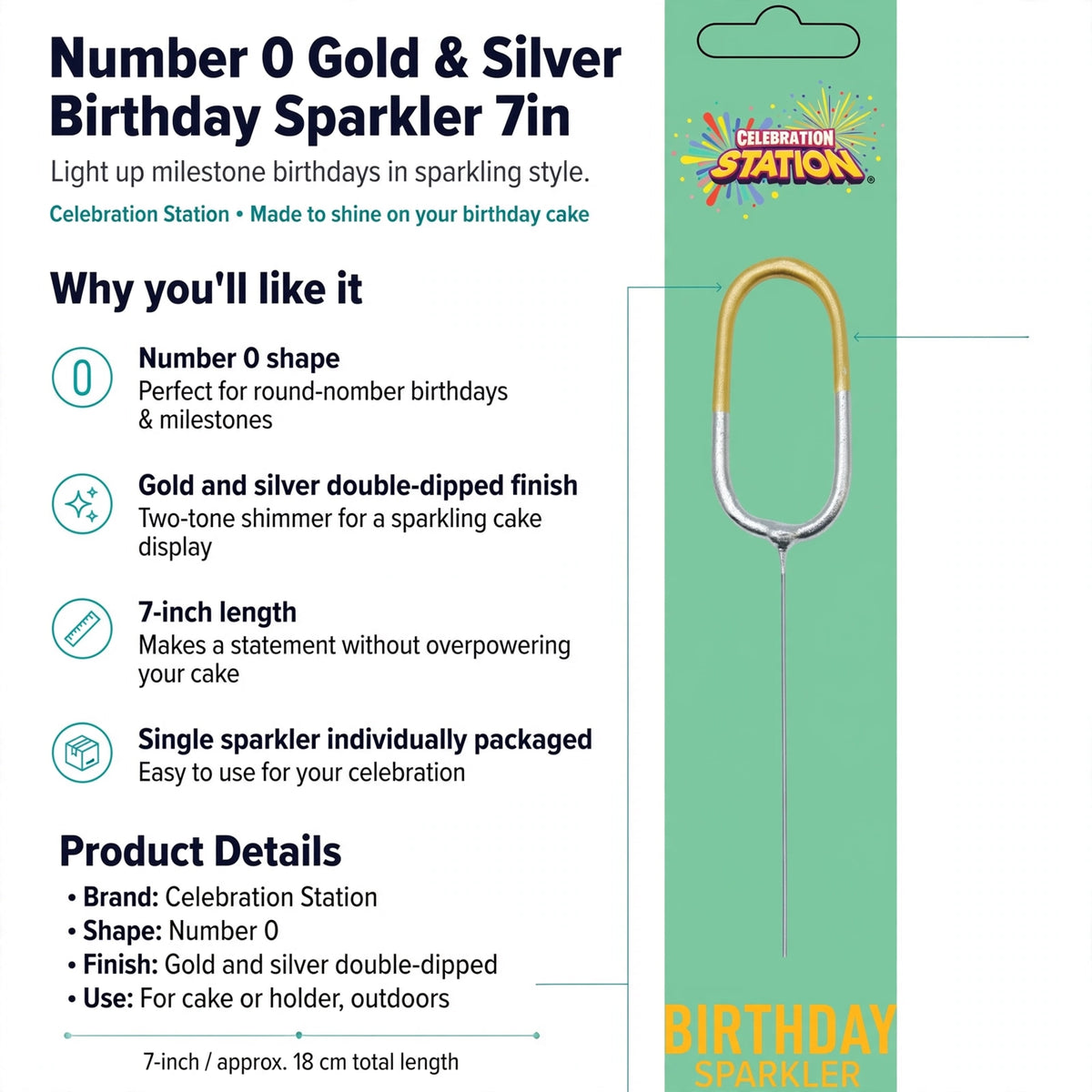 Features number 0 shape, gold and silver double-dipped finish, 7-inch length, single sparkler packaging
