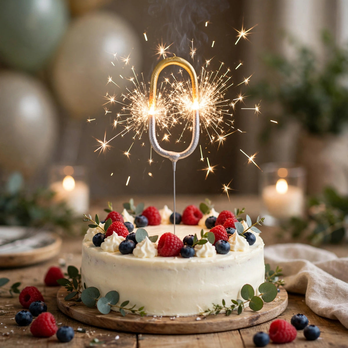 Number 0 birthday sparkler displayed on a cake for milestone birthday celebration
