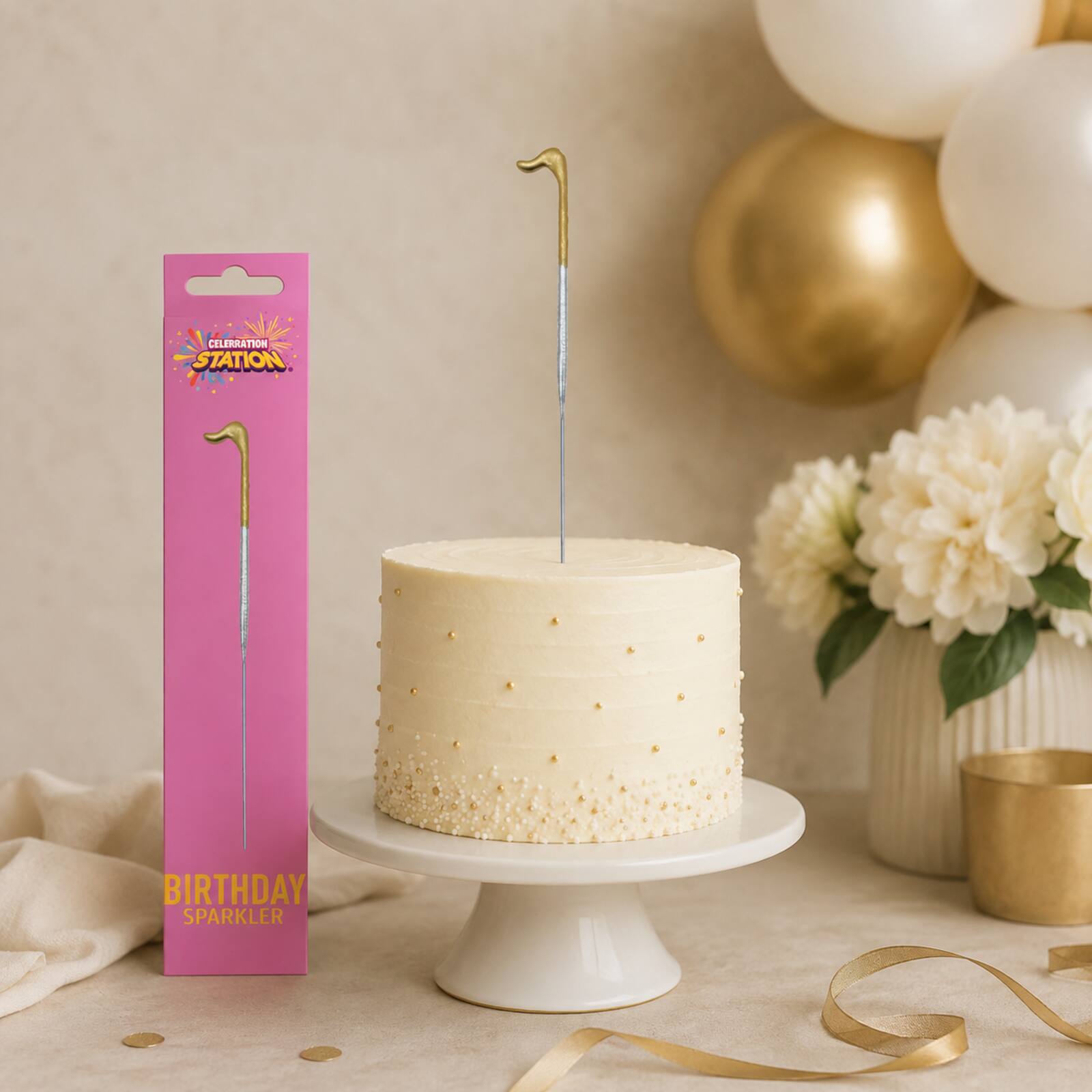 Unlit gold number 1 sparkler displayed in a first-birthday cake