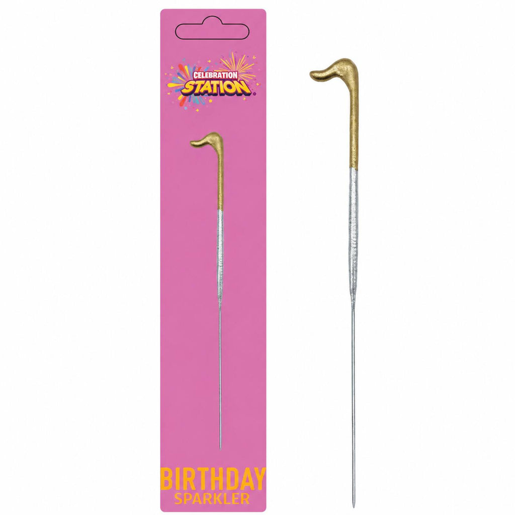 Gold number 1 birthday sparkler shown beside its pink Celebration Station packaging