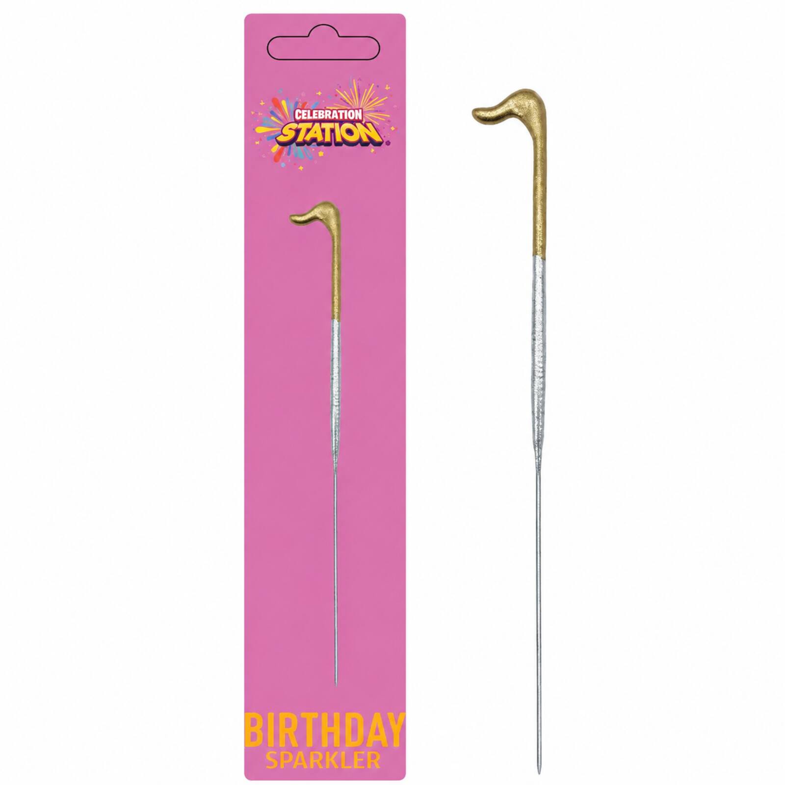 Gold number 1 birthday sparkler shown beside its pink Celebration Station packaging
