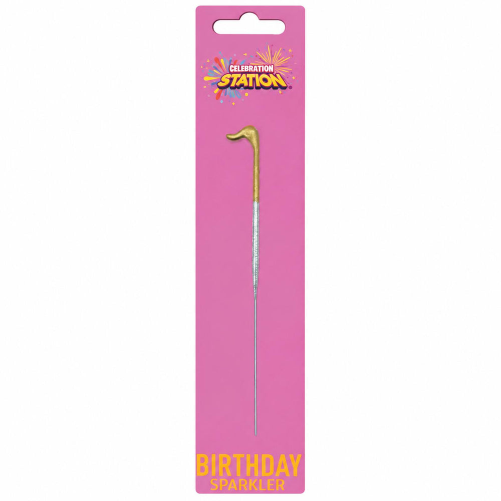 Celebration Station number 1 gold and silver birthday sparkler on pink packaging