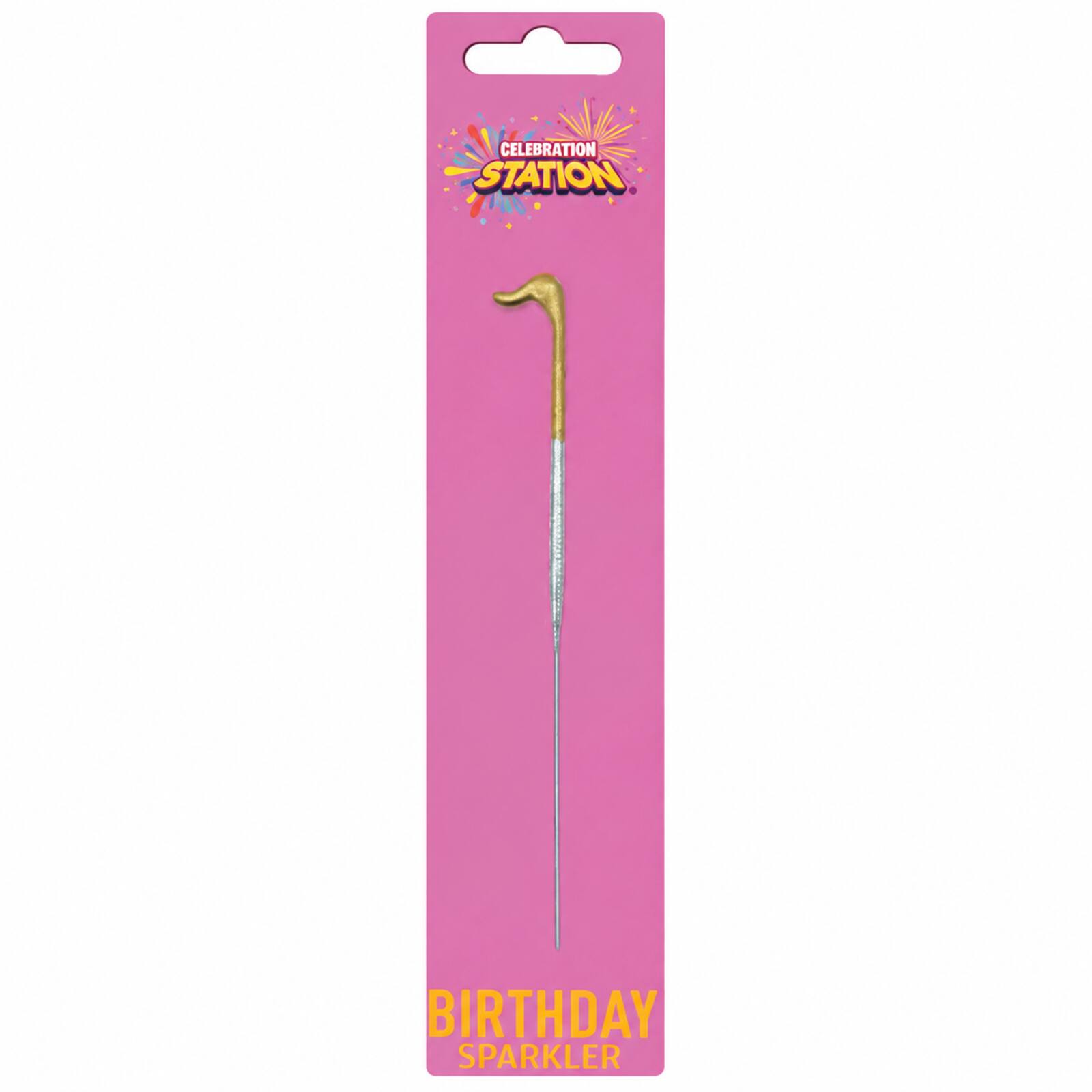 Celebration Station number 1 gold and silver birthday sparkler on pink packaging