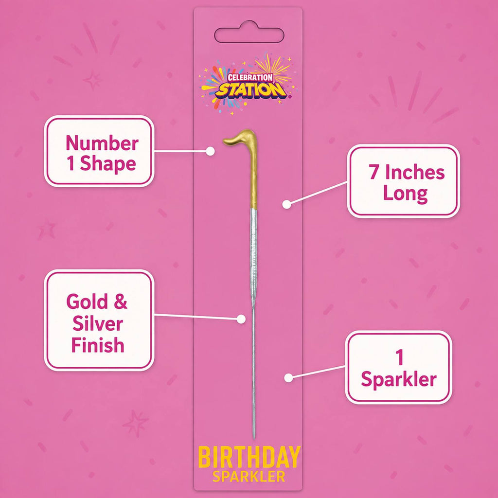 Number 1 birthday sparkler infographic showing 7-inch length, gold and silver finish and one-piece contents