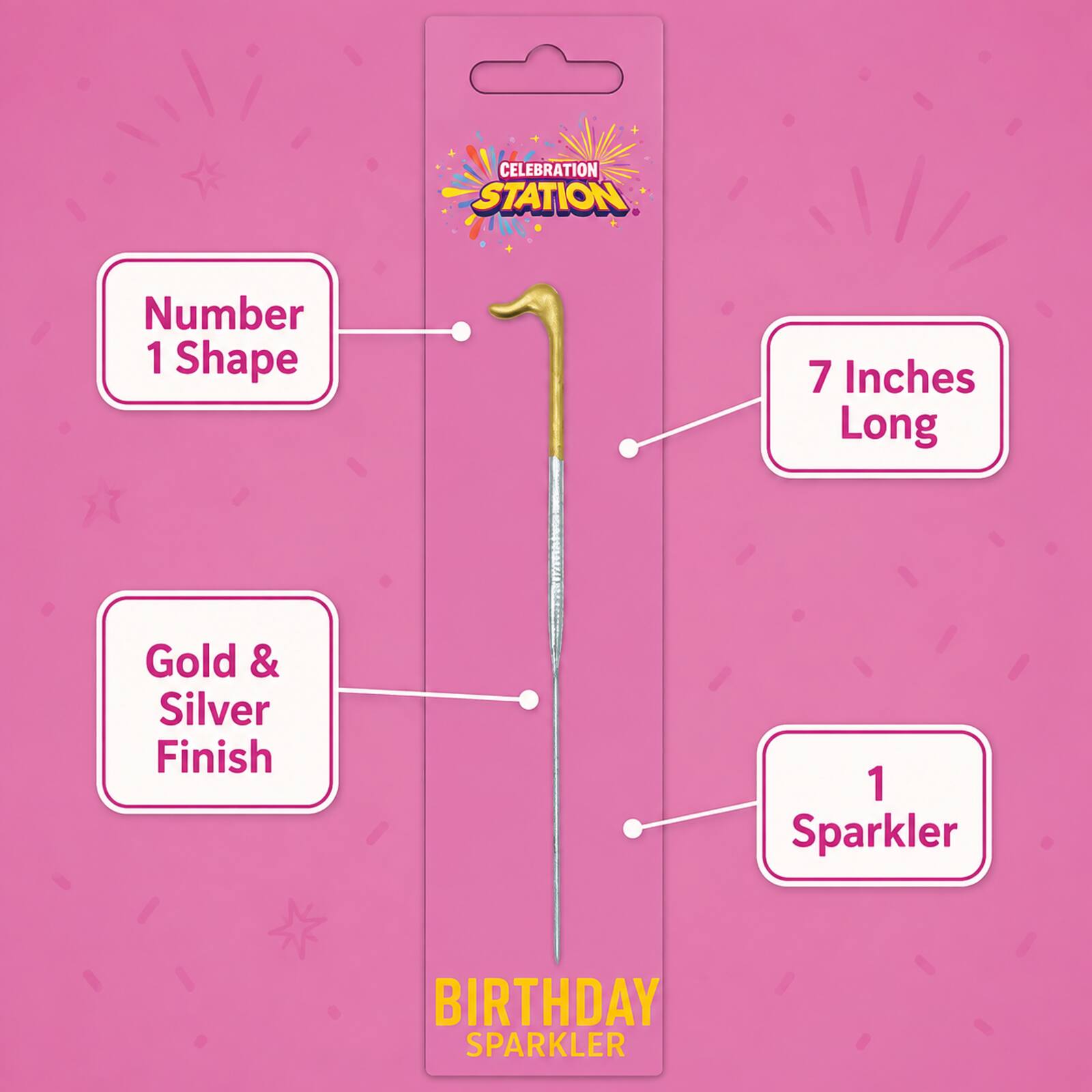 Number 1 birthday sparkler infographic showing 7-inch length, gold and silver finish and one-piece contents