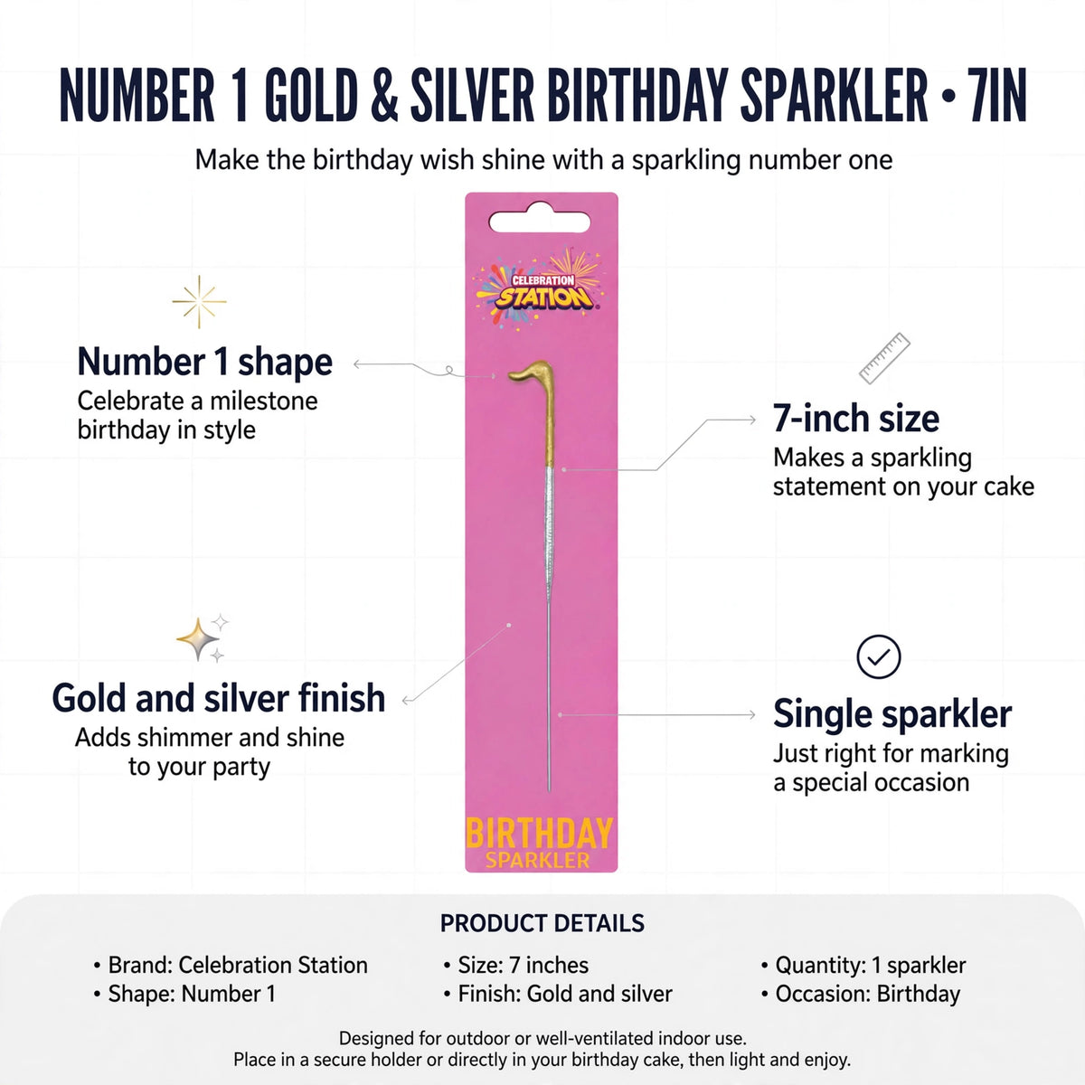 Infographic showing Number 1 shape, 7-inch size, gold and silver finish, single sparkler
