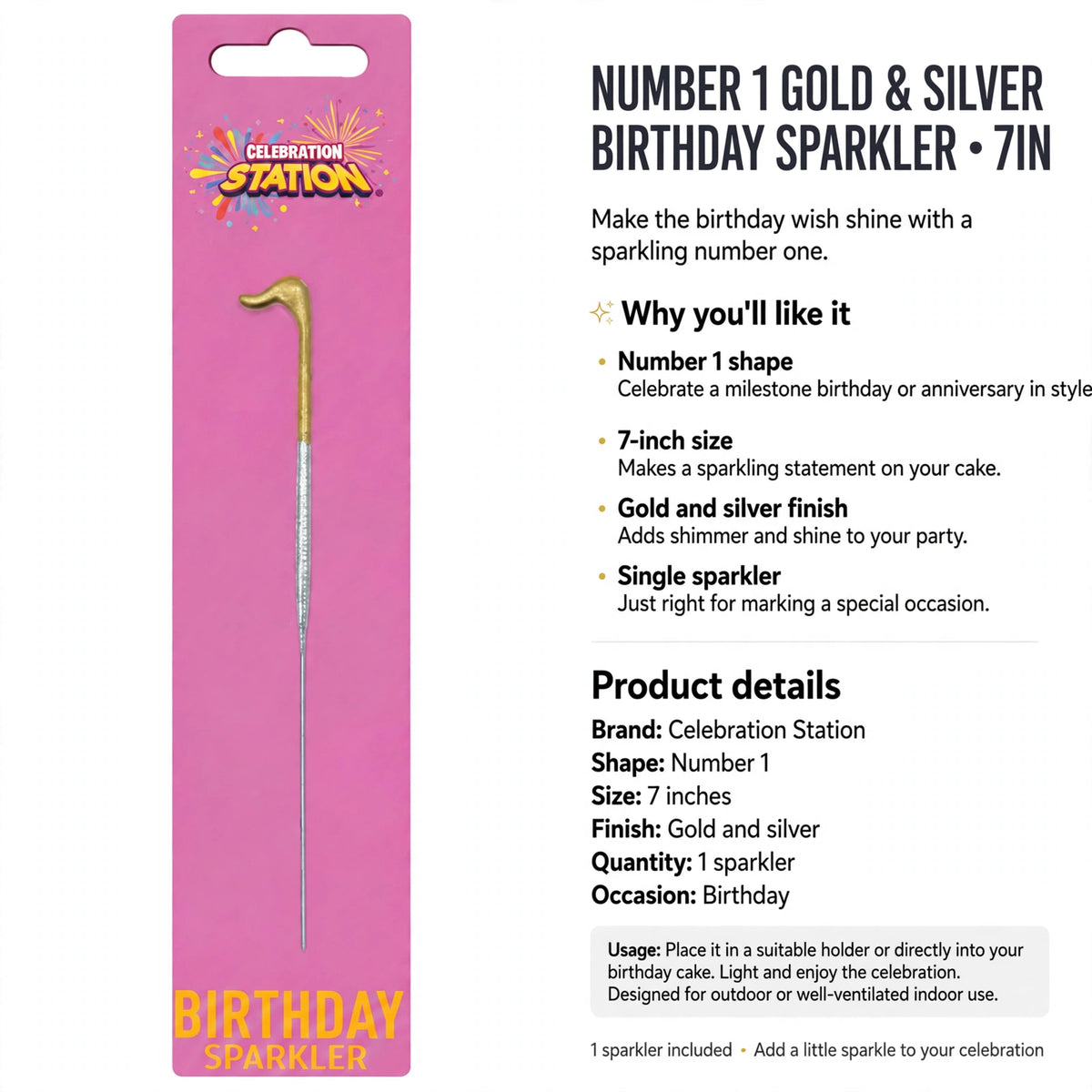 Number 1 birthday sparkler designed for outdoor or well-ventilated indoor use