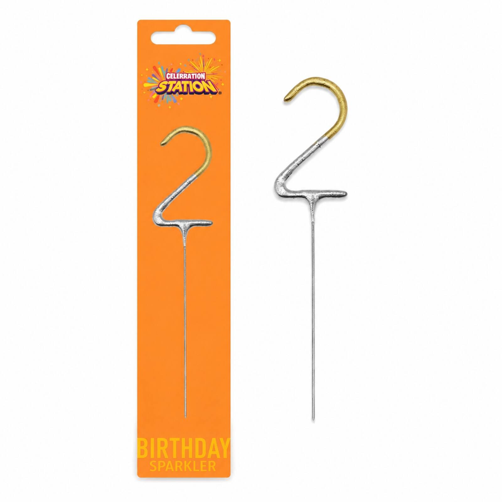Gold number 2 birthday sparkler shown beside its orange Celebration Station packaging