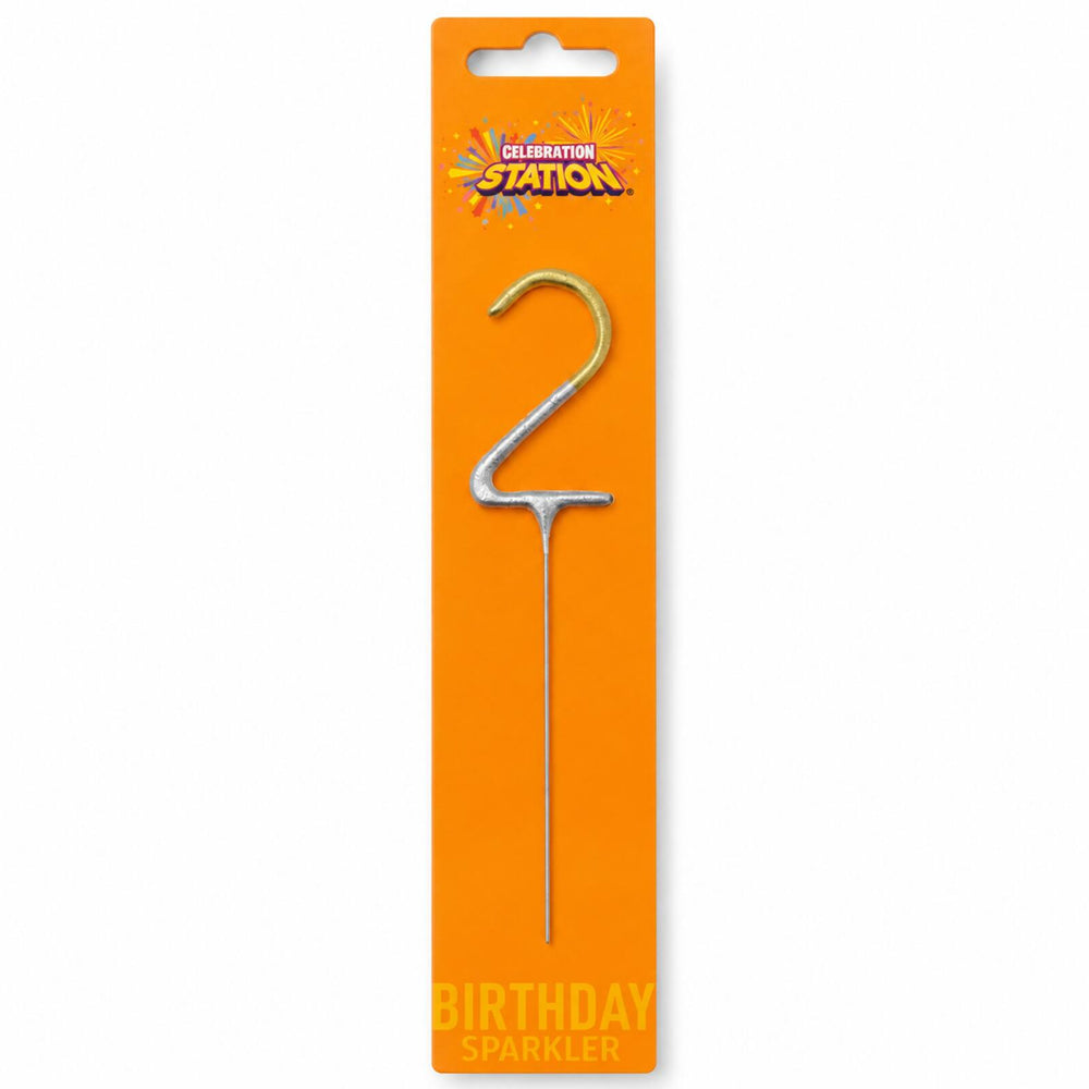 Celebration Station number 2 gold and silver birthday sparkler on orange packaging