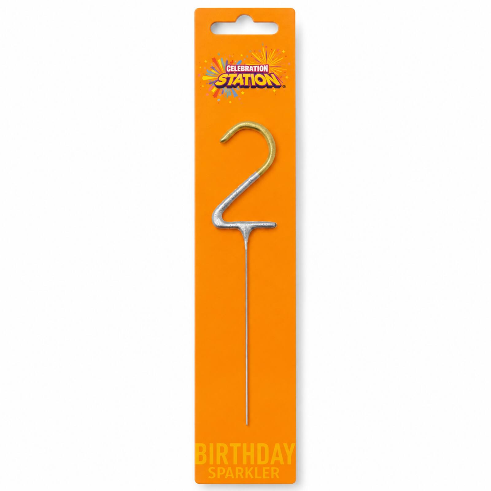 Celebration Station number 2 gold and silver birthday sparkler on orange packaging