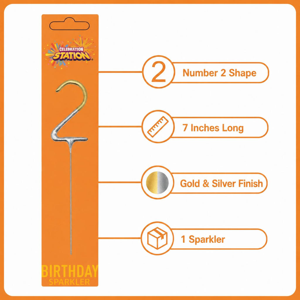 Number 2 birthday sparkler infographic showing 7-inch length, gold and silver finish and one-piece contents