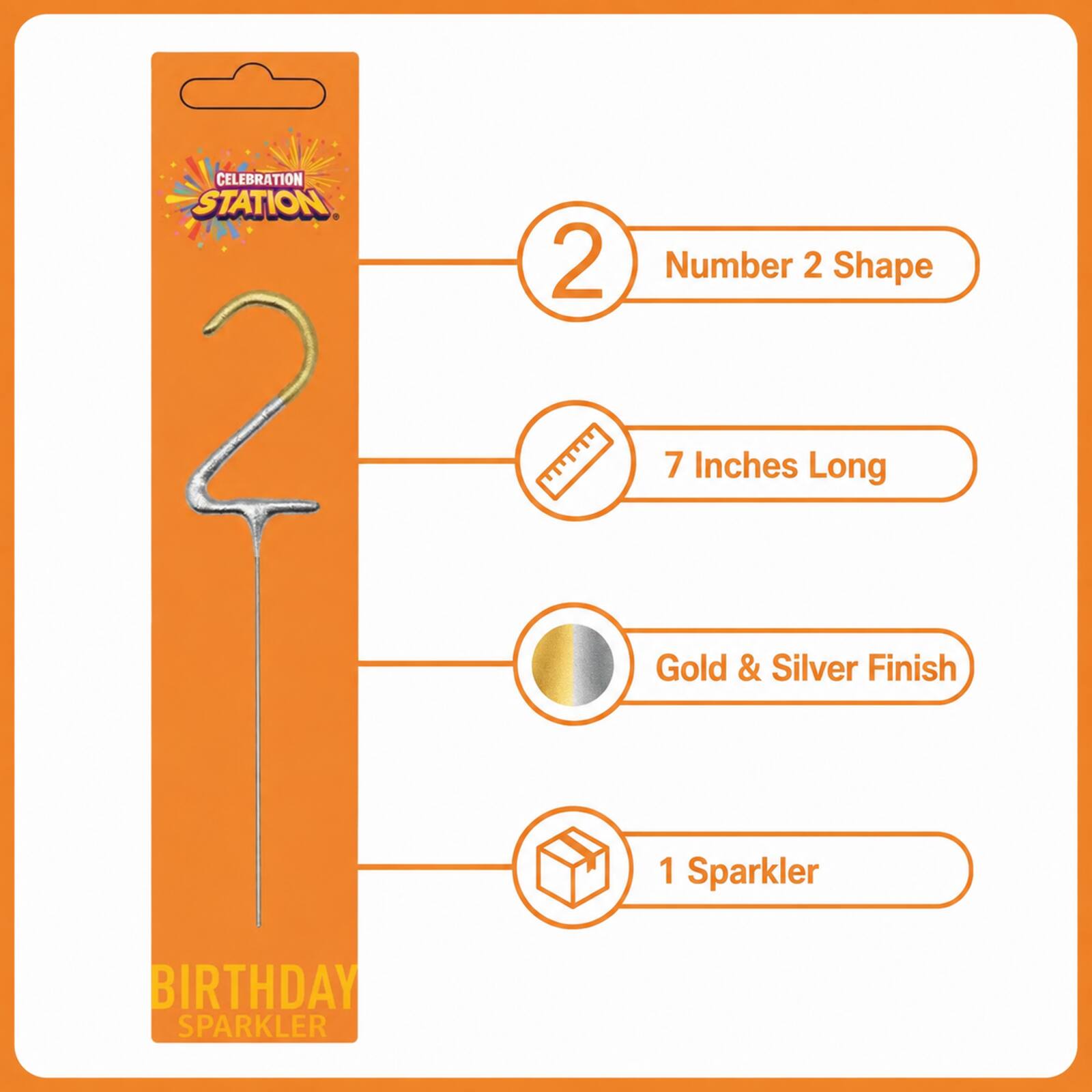 Number 2 birthday sparkler infographic showing 7-inch length, gold and silver finish and one-piece contents