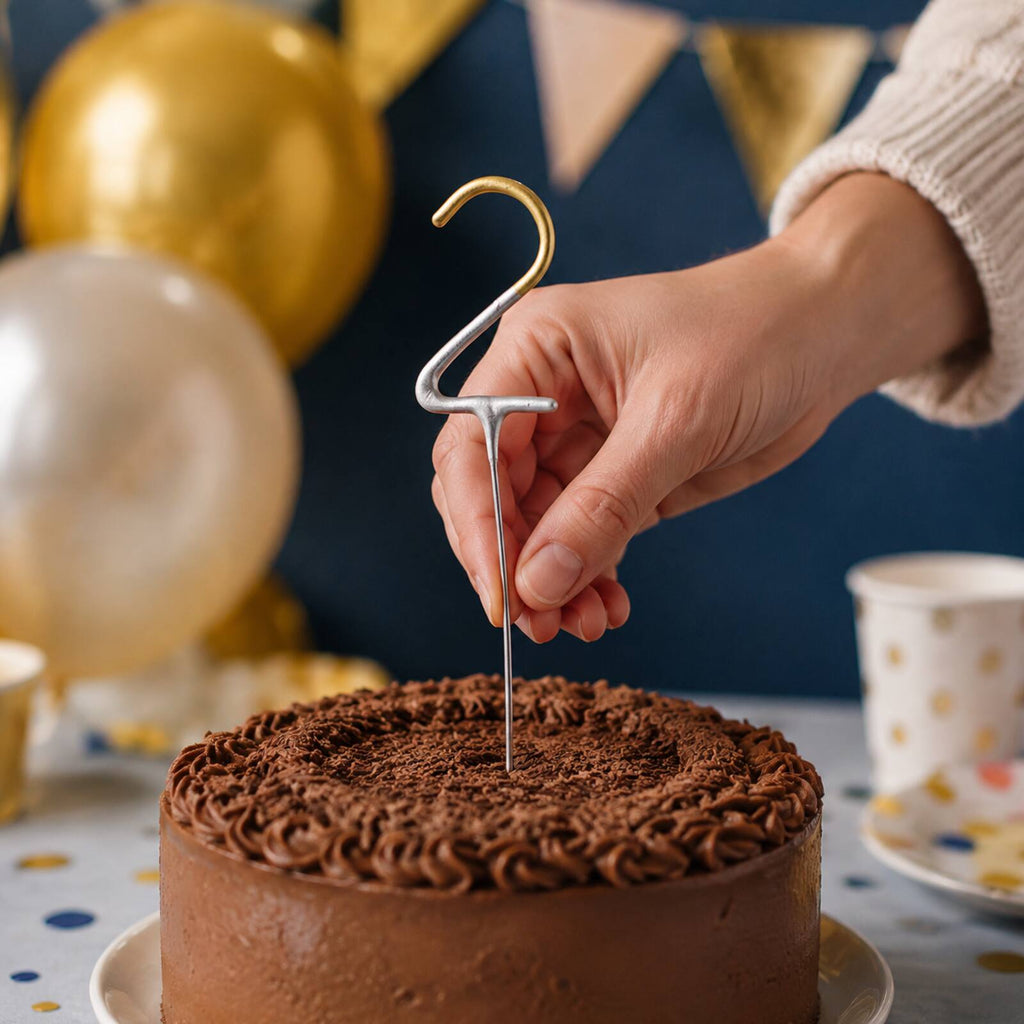 Adult safely placing an unlit number 2 birthday sparkler into a cake