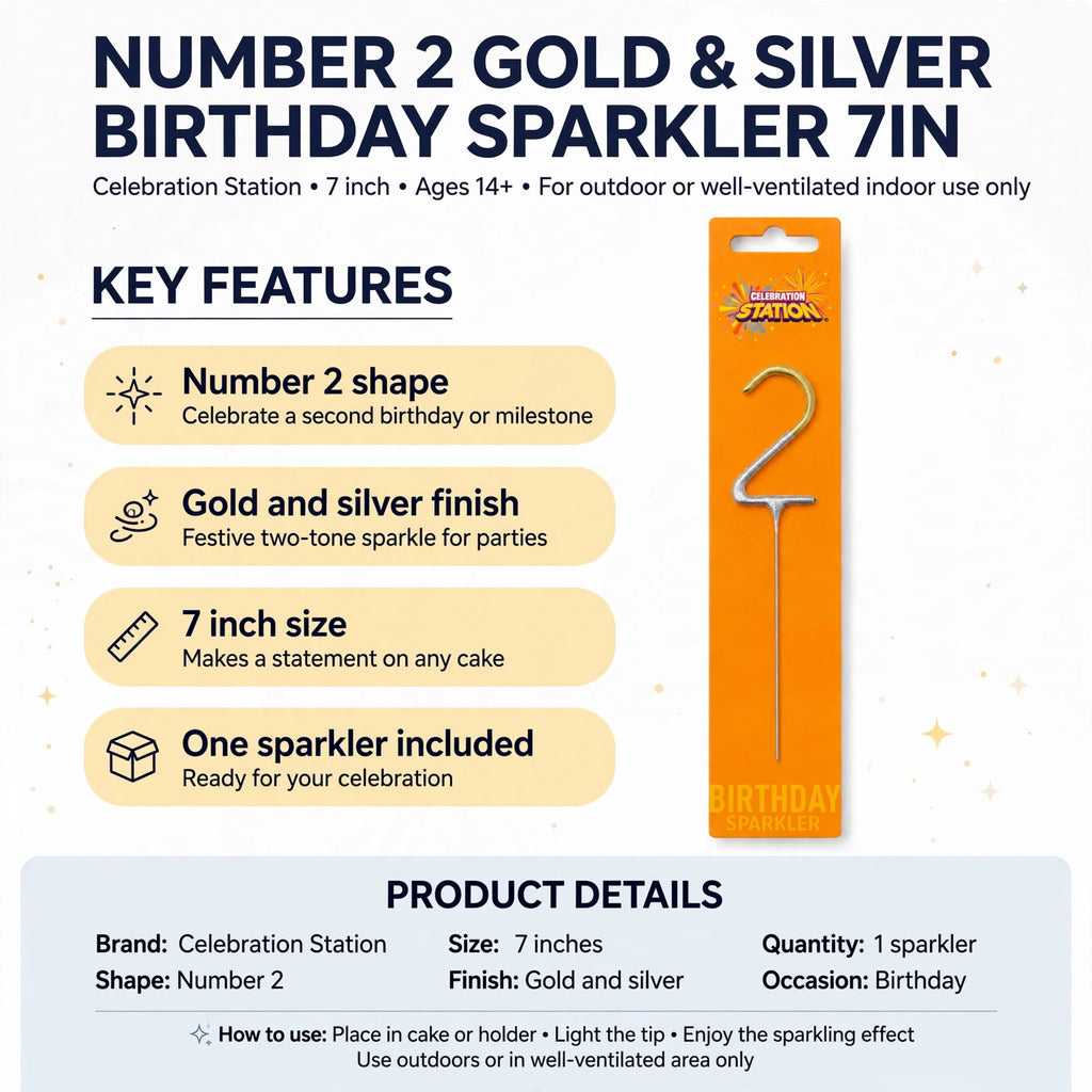Sparkler features number 2 shape, gold and silver finish, 7 inch size, and includes one sparkler