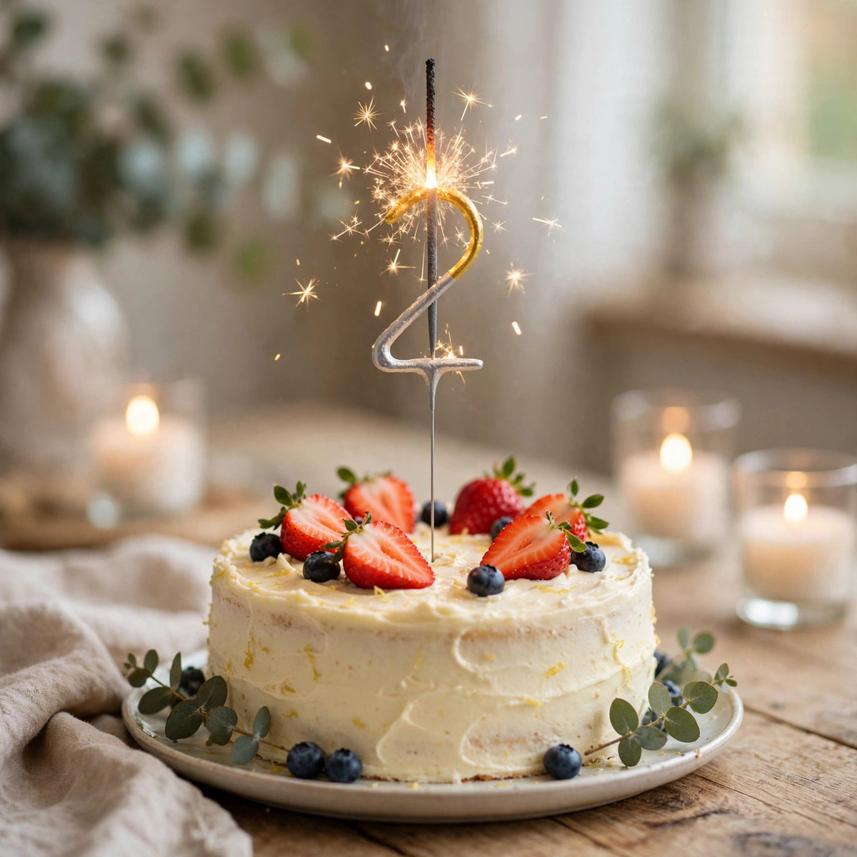 Number 2 Gold and Silver Birthday Sparkler placed on a birthday cake for celebration