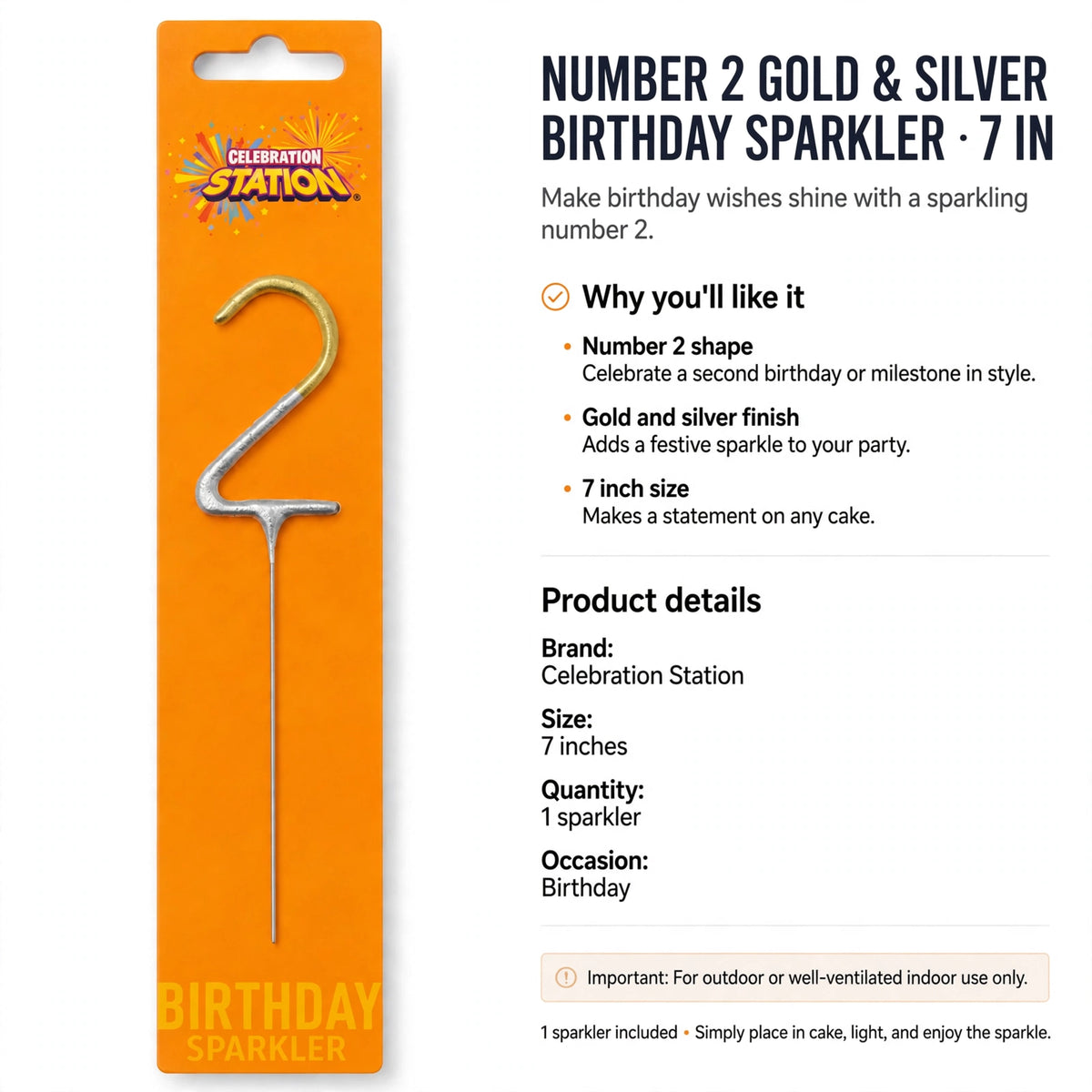 Single sparkler designed for birthday celebrations with gold and silver finish and 7 inch height