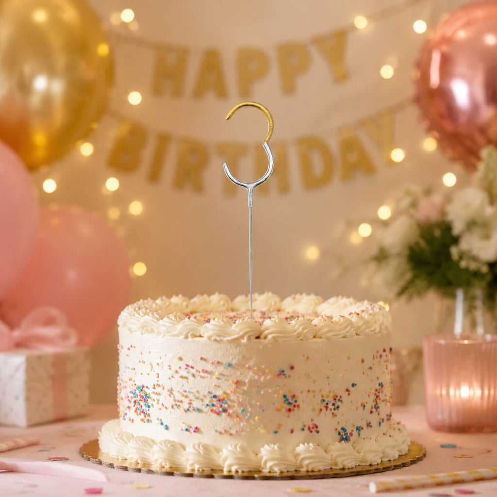 Unlit number 3 gold and silver birthday sparkler displayed upright in a celebration cake