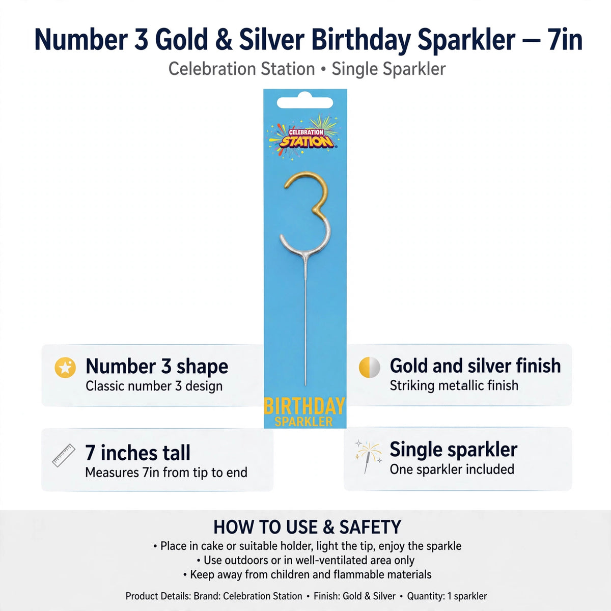 Number 3 birthday sparkler features gold and silver finish and 7 inch height