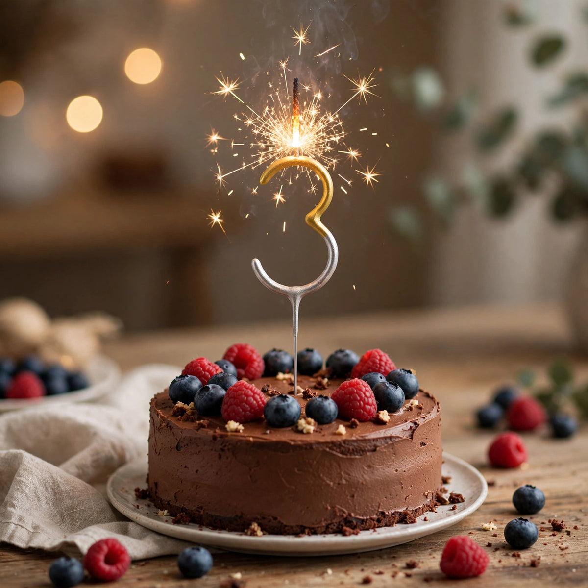 Number 3 birthday sparkler placed on a cake for a birthday celebration