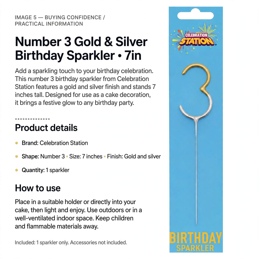 Single number 3 sparkler designed for cake decoration and birthday parties