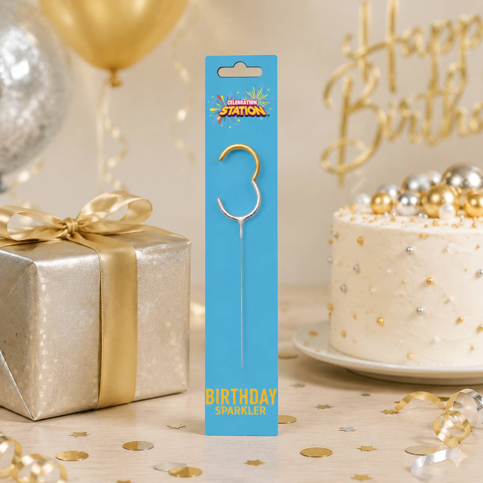 Celebration Station number 3 birthday sparkler displayed with a gift and cake