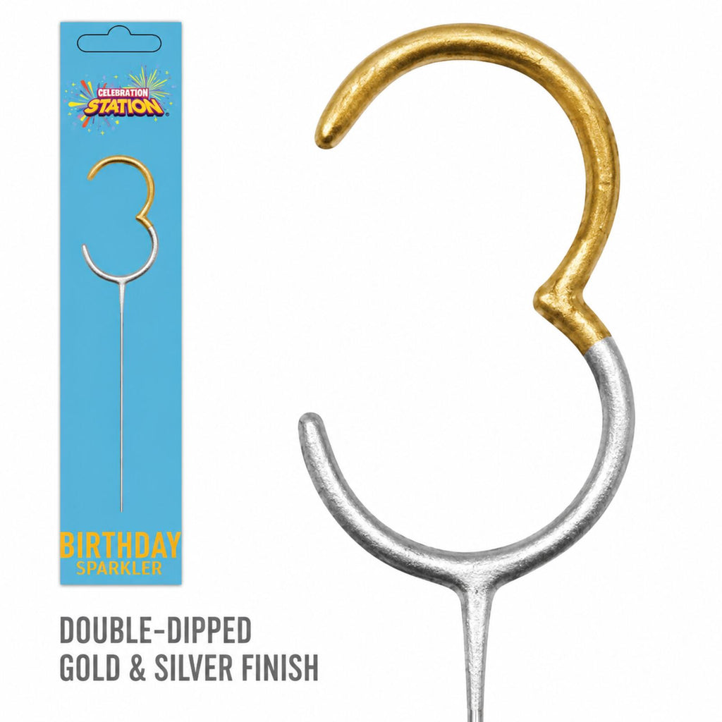 Close-up of number 3 sparkler with double-dipped gold and silver finish