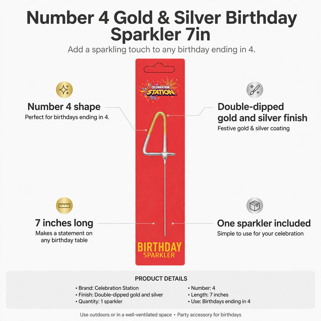 Features Number 4 shape, double-dipped gold and silver finish, 7 inch length, single sparkler