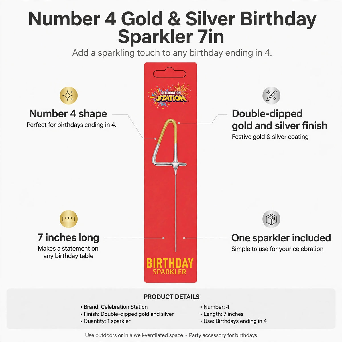 Features Number 4 shape, double-dipped gold and silver finish, 7 inch length, single sparkler