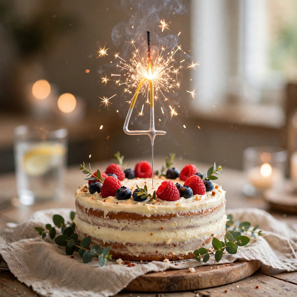 Number 4 Gold and Silver Birthday Sparkler placed on a birthday cake for a celebration