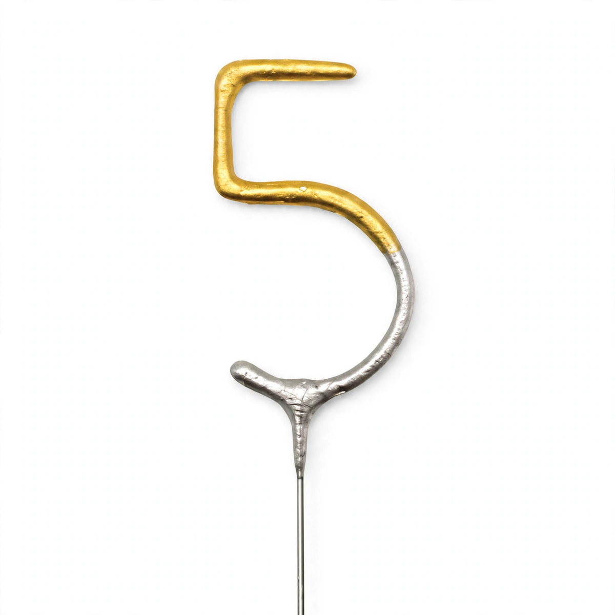 Close-up view of number 5 birthday sparkler with gold and silver finish