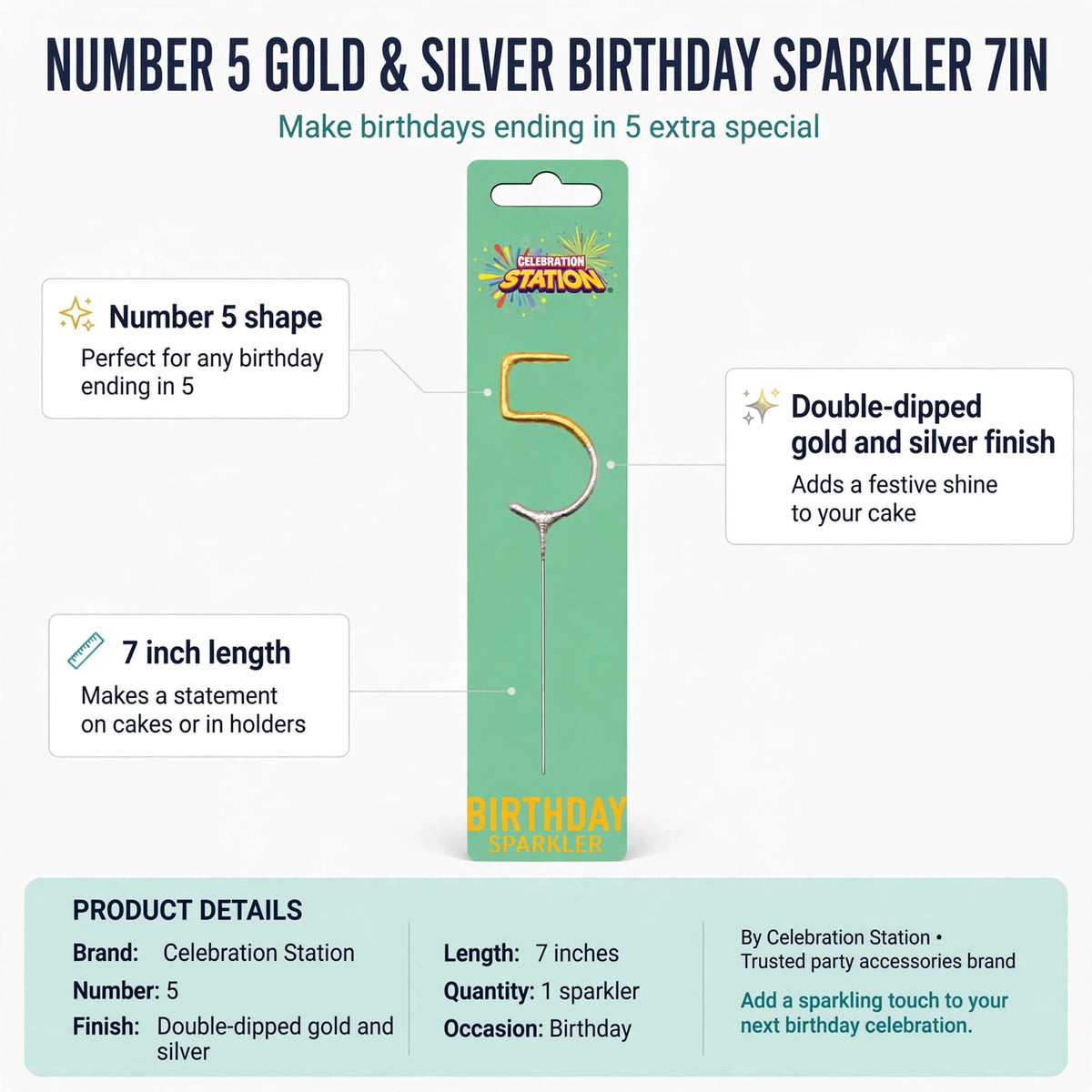 Infographic showing number 5 shape, double-dipped gold and silver finish, and 7 inch length