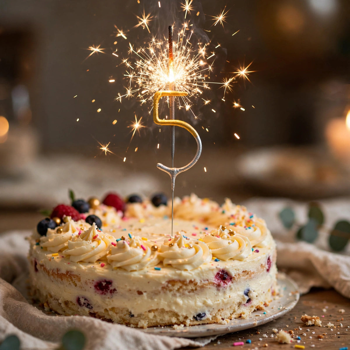 Number 5 birthday sparkler placed on a birthday cake for celebration
